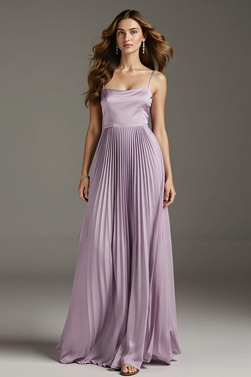 Light Purple A-Line Spaghetti Straps Pleated Maxi Dress